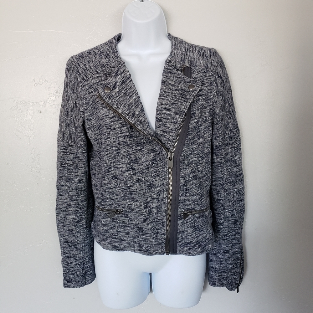 Gap Navy Blue Heathered Marled Moto Jacket Long Sleeve Side Zip Women's Small